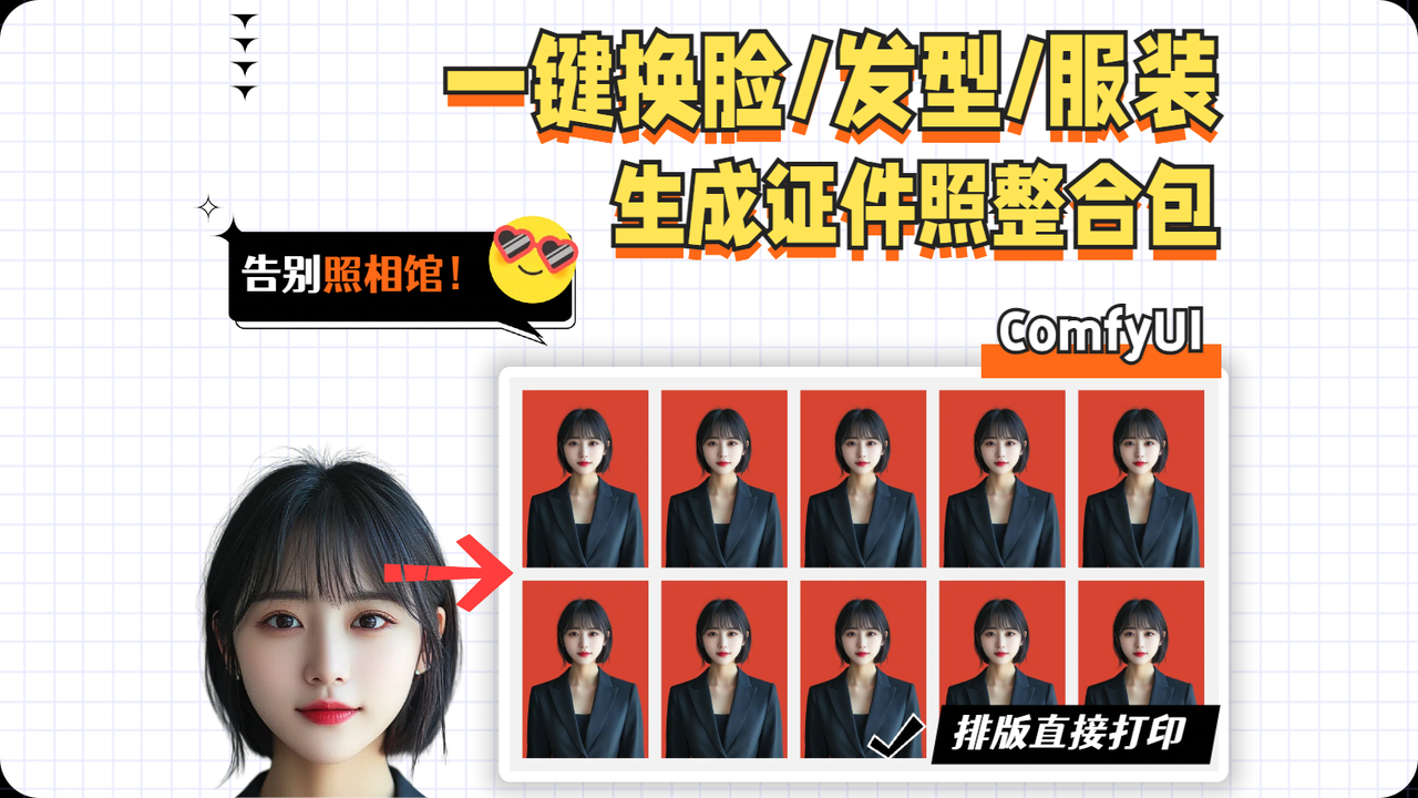 【整合包】ComfyUI一键换脸/换服装/换发型，生成排版证件照！从此告别照相馆