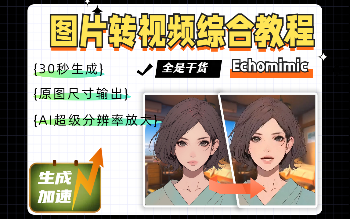 Echomimic图片生成视频加速生成技巧、原图尺寸输出、超级分辨率放大